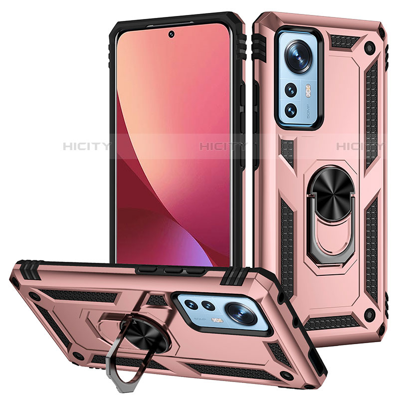 Silikon Hülle Handyhülle und Kunststoff Schutzhülle Hartschalen Tasche mit Magnetisch Fingerring Ständer für Xiaomi Mi 12S 5G Rosegold