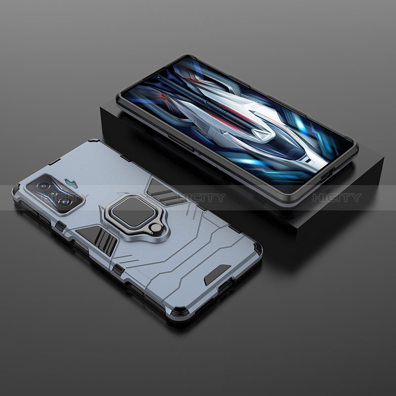 Silikon Hülle Handyhülle und Kunststoff Schutzhülle Hartschalen Tasche mit Magnetisch Fingerring Ständer für Xiaomi Poco F4 GT 5G Blau