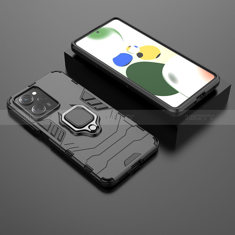 Silikon Hülle Handyhülle und Kunststoff Schutzhülle Hartschalen Tasche mit Magnetisch Fingerring Ständer für Xiaomi Poco X5 Pro 5G Schwarz