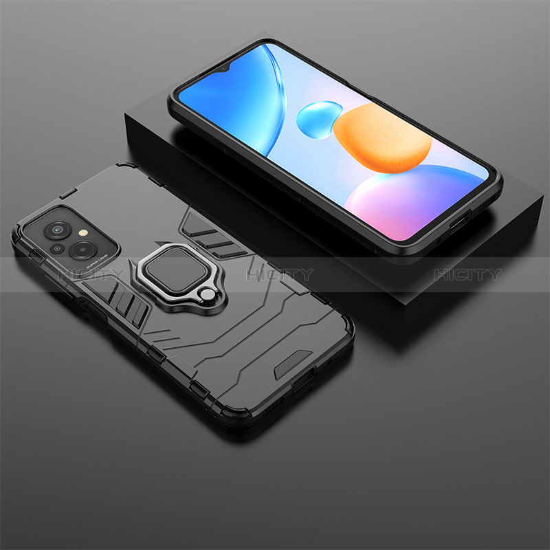 Silikon Hülle Handyhülle und Kunststoff Schutzhülle Hartschalen Tasche mit Magnetisch Fingerring Ständer für Xiaomi Redmi 11 Prime 4G Schwarz Plus