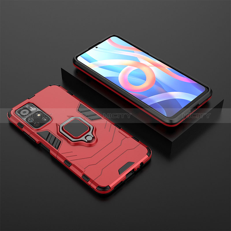 Silikon Hülle Handyhülle und Kunststoff Schutzhülle Hartschalen Tasche mit Magnetisch Fingerring Ständer für Xiaomi Redmi Note 11S 5G Rot