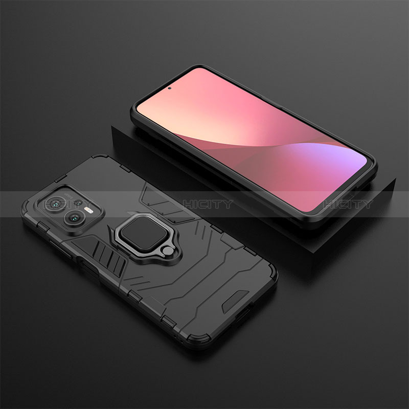 Silikon Hülle Handyhülle und Kunststoff Schutzhülle Hartschalen Tasche mit Magnetisch Fingerring Ständer für Xiaomi Redmi Note 11T Pro+ Plus 5G Schwarz Plus