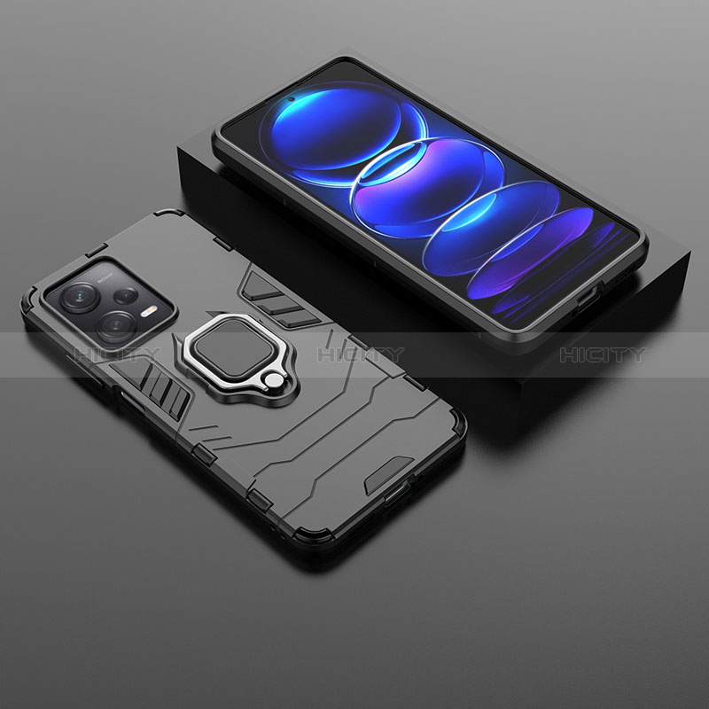 Silikon Hülle Handyhülle und Kunststoff Schutzhülle Hartschalen Tasche mit Magnetisch Fingerring Ständer für Xiaomi Redmi Note 12 Pro 5G Schwarz