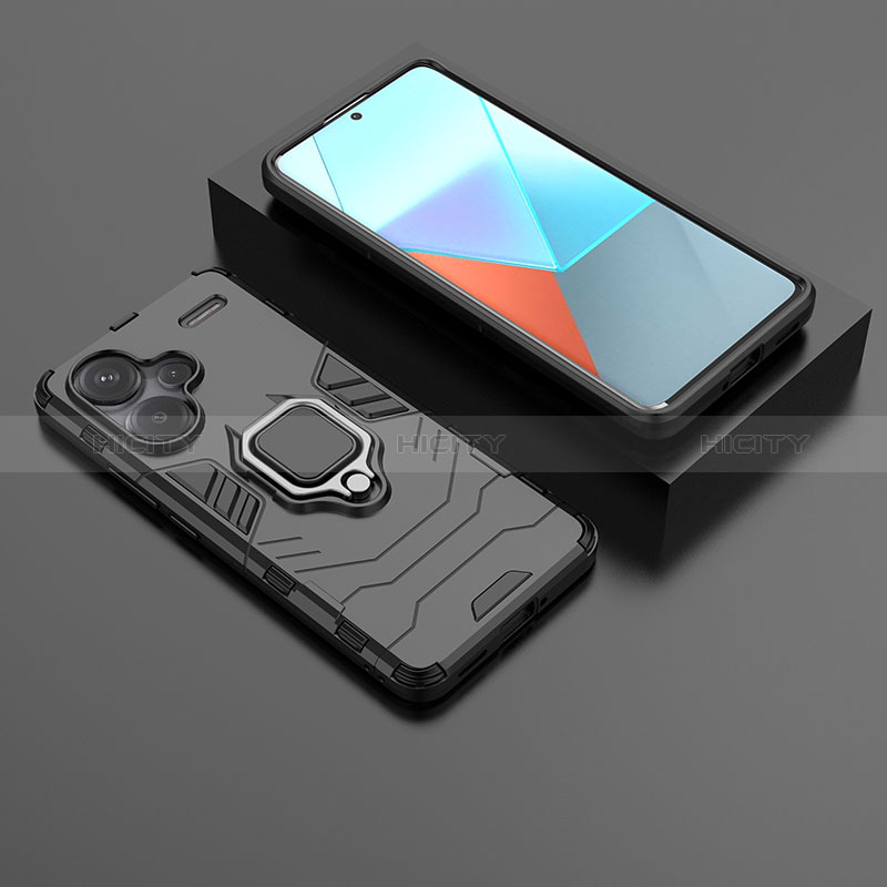 Silikon Hülle Handyhülle und Kunststoff Schutzhülle Hartschalen Tasche mit Magnetisch Fingerring Ständer für Xiaomi Redmi Note 13 Pro+ Plus 5G Schwarz Plus