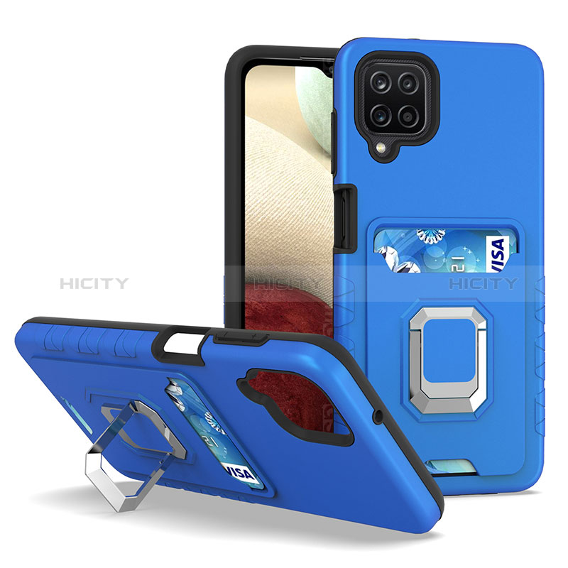 Silikon Hülle Handyhülle und Kunststoff Schutzhülle Hartschalen Tasche mit Magnetisch Fingerring Ständer J01S für Samsung Galaxy A12 Blau