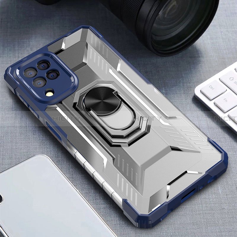 Silikon Hülle Handyhülle und Kunststoff Schutzhülle Hartschalen Tasche mit Magnetisch Fingerring Ständer J01S für Samsung Galaxy A22 4G Blau Plus