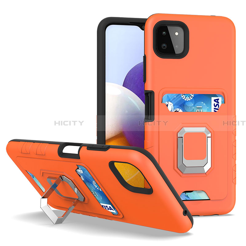 Silikon Hülle Handyhülle und Kunststoff Schutzhülle Hartschalen Tasche mit Magnetisch Fingerring Ständer J01S für Samsung Galaxy A22 5G Orange Plus