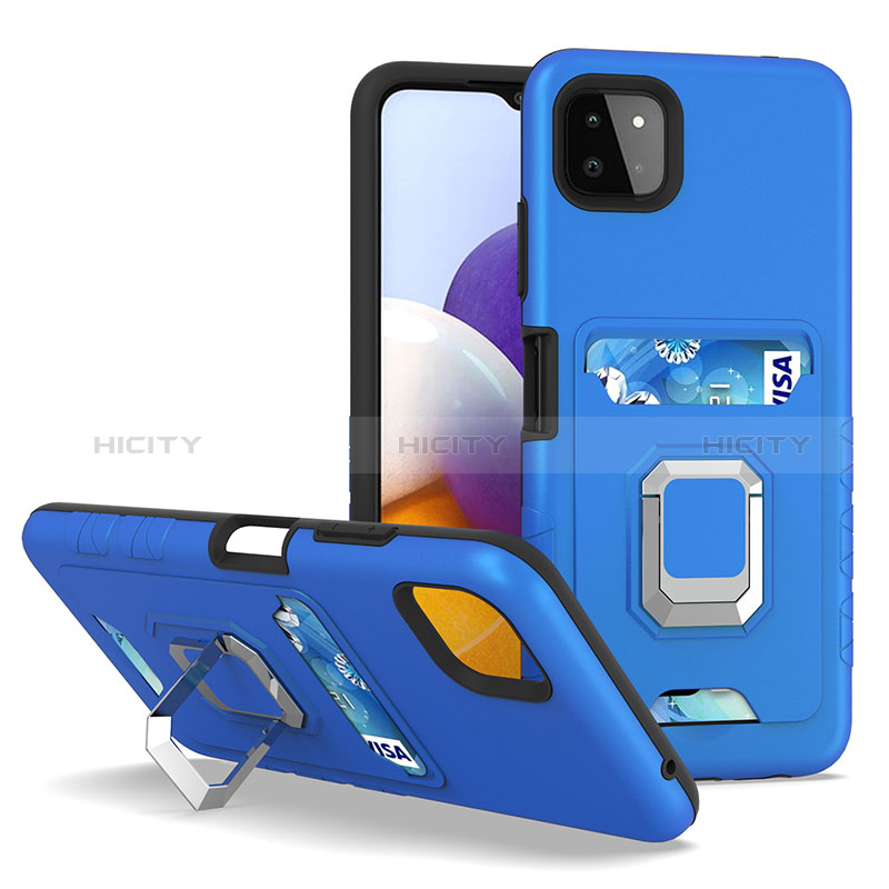 Silikon Hülle Handyhülle und Kunststoff Schutzhülle Hartschalen Tasche mit Magnetisch Fingerring Ständer J01S für Samsung Galaxy A22s 5G Blau Plus