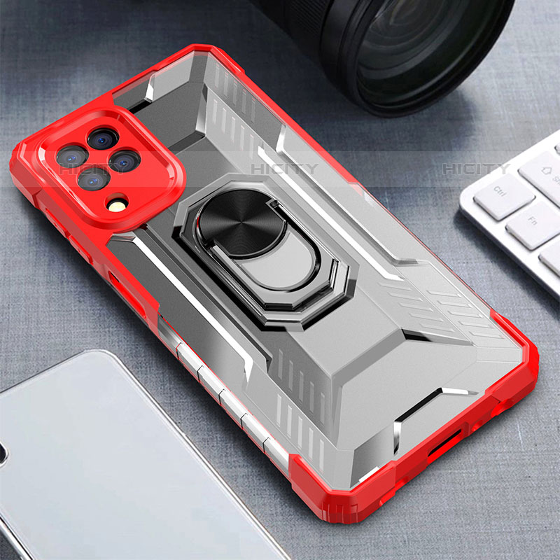 Silikon Hülle Handyhülle und Kunststoff Schutzhülle Hartschalen Tasche mit Magnetisch Fingerring Ständer J01S für Samsung Galaxy M22 4G Rot