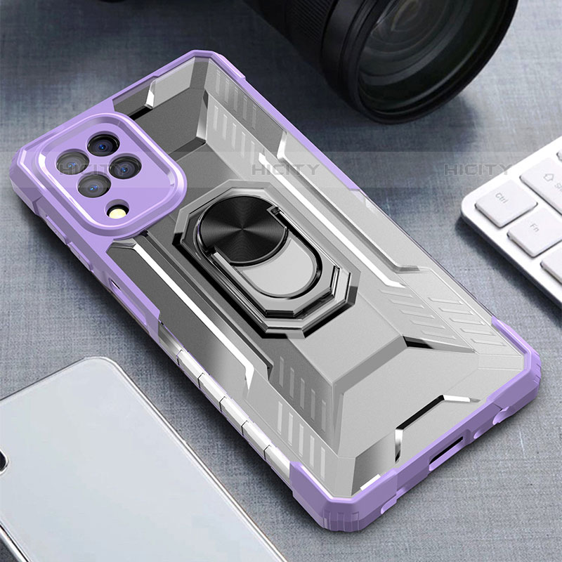 Silikon Hülle Handyhülle und Kunststoff Schutzhülle Hartschalen Tasche mit Magnetisch Fingerring Ständer J01S für Samsung Galaxy M22 4G Violett