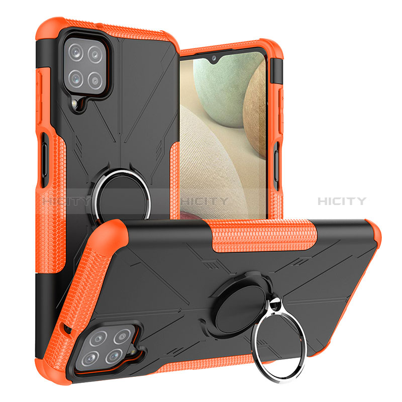 Silikon Hülle Handyhülle und Kunststoff Schutzhülle Hartschalen Tasche mit Magnetisch Fingerring Ständer J01X für Samsung Galaxy A12 5G Orange Plus