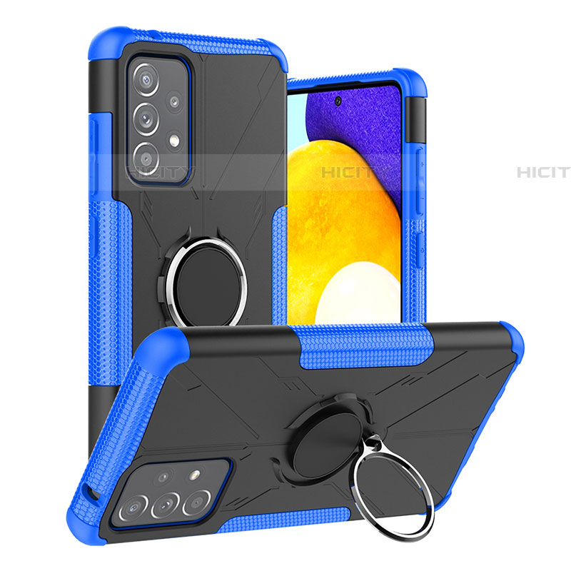 Silikon Hülle Handyhülle und Kunststoff Schutzhülle Hartschalen Tasche mit Magnetisch Fingerring Ständer J01X für Samsung Galaxy A52 4G Blau Plus