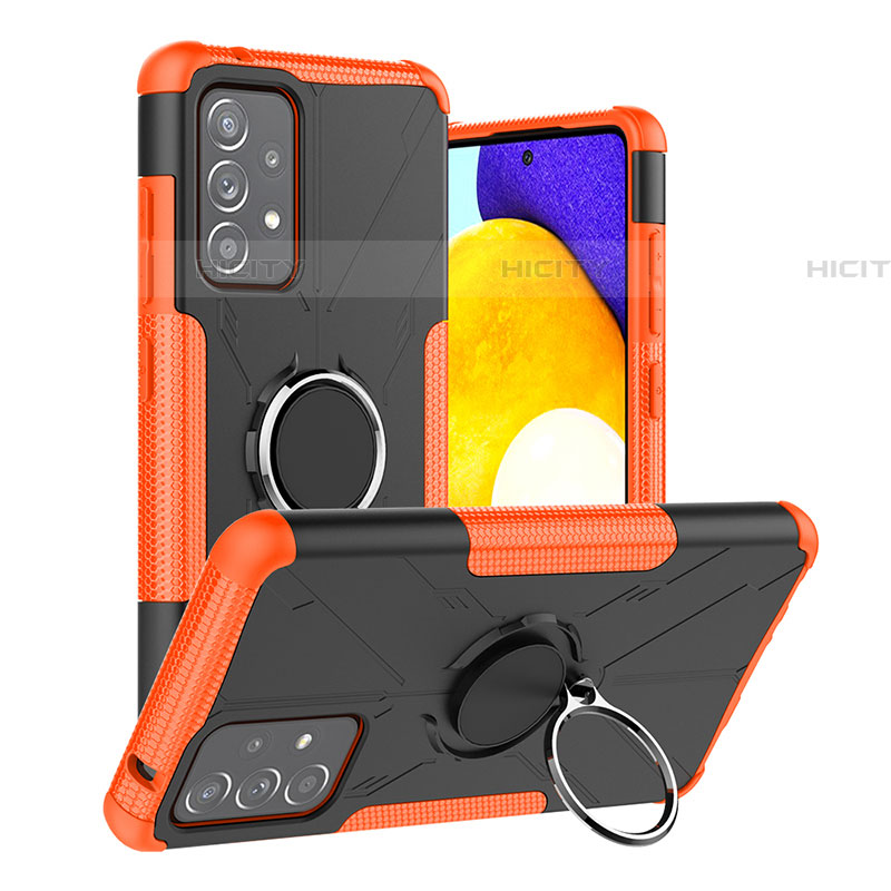 Silikon Hülle Handyhülle und Kunststoff Schutzhülle Hartschalen Tasche mit Magnetisch Fingerring Ständer J01X für Samsung Galaxy A52 5G Orange Plus