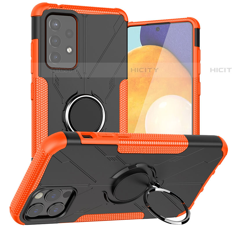 Silikon Hülle Handyhülle und Kunststoff Schutzhülle Hartschalen Tasche mit Magnetisch Fingerring Ständer J01X für Samsung Galaxy A72 5G Orange Plus