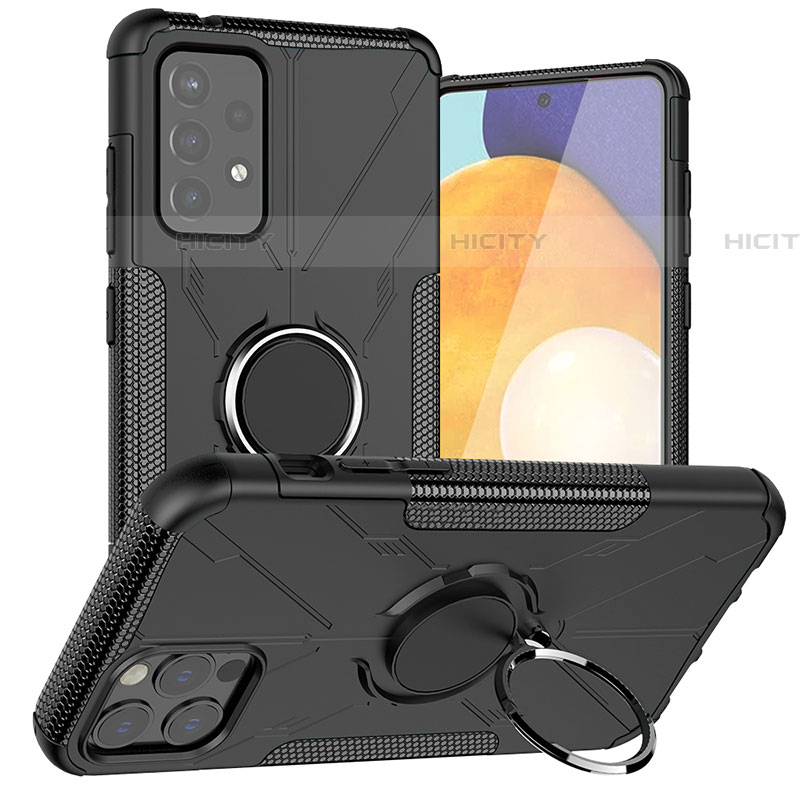 Silikon Hülle Handyhülle und Kunststoff Schutzhülle Hartschalen Tasche mit Magnetisch Fingerring Ständer J01X für Samsung Galaxy A72 5G Schwarz