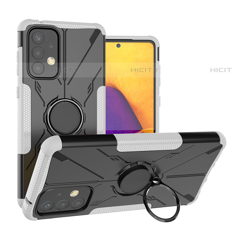 Silikon Hülle Handyhülle und Kunststoff Schutzhülle Hartschalen Tasche mit Magnetisch Fingerring Ständer J01X für Samsung Galaxy A73 5G Silber Plus