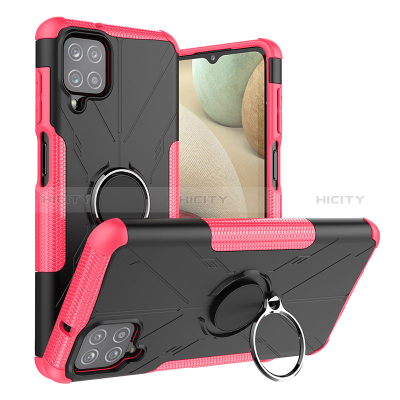 Silikon Hülle Handyhülle und Kunststoff Schutzhülle Hartschalen Tasche mit Magnetisch Fingerring Ständer J01X für Samsung Galaxy F12 Pink Plus