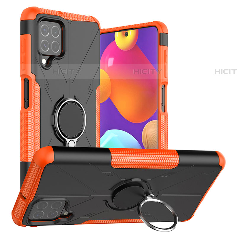 Silikon Hülle Handyhülle und Kunststoff Schutzhülle Hartschalen Tasche mit Magnetisch Fingerring Ständer J01X für Samsung Galaxy F62 5G Orange