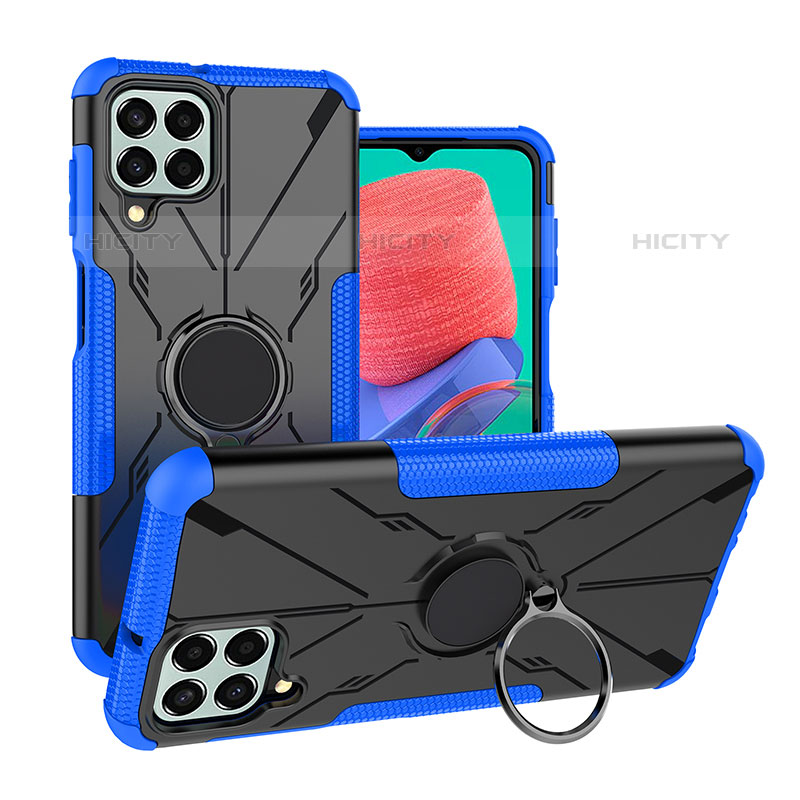 Silikon Hülle Handyhülle und Kunststoff Schutzhülle Hartschalen Tasche mit Magnetisch Fingerring Ständer J01X für Samsung Galaxy M33 5G Blau Plus