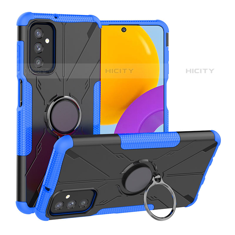 Silikon Hülle Handyhülle und Kunststoff Schutzhülle Hartschalen Tasche mit Magnetisch Fingerring Ständer J01X für Samsung Galaxy M52 5G Blau Plus