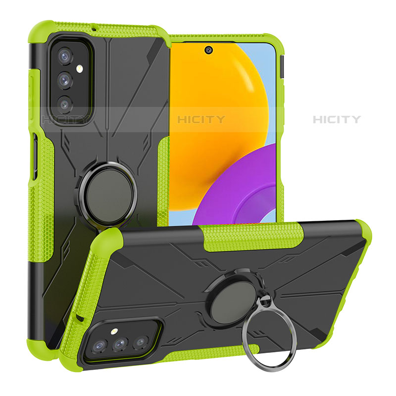 Silikon Hülle Handyhülle und Kunststoff Schutzhülle Hartschalen Tasche mit Magnetisch Fingerring Ständer J01X für Samsung Galaxy M52 5G Grün