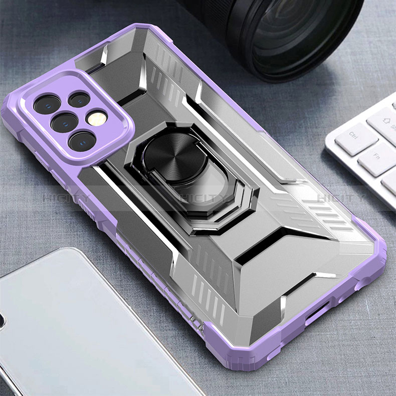 Silikon Hülle Handyhülle und Kunststoff Schutzhülle Hartschalen Tasche mit Magnetisch Fingerring Ständer J02S für Samsung Galaxy A52s 5G Violett