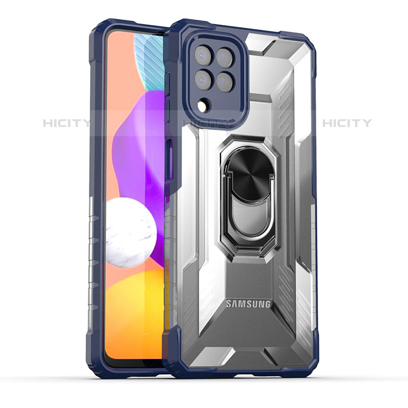 Silikon Hülle Handyhülle und Kunststoff Schutzhülle Hartschalen Tasche mit Magnetisch Fingerring Ständer J02S für Samsung Galaxy M22 4G Blau Plus