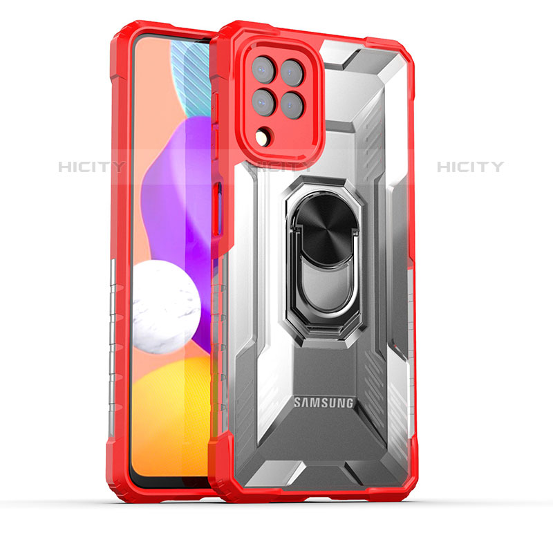 Silikon Hülle Handyhülle und Kunststoff Schutzhülle Hartschalen Tasche mit Magnetisch Fingerring Ständer J02S für Samsung Galaxy M22 4G Rot Plus