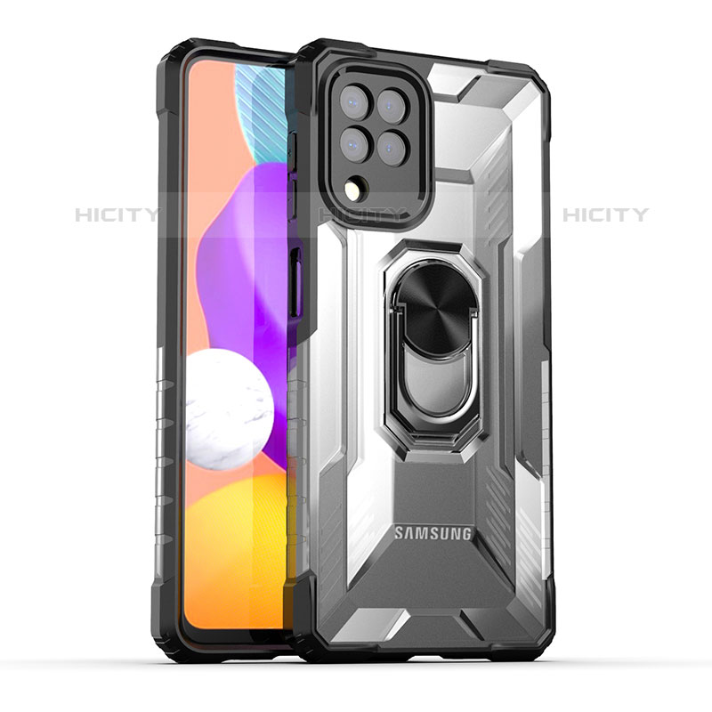 Silikon Hülle Handyhülle und Kunststoff Schutzhülle Hartschalen Tasche mit Magnetisch Fingerring Ständer J02S für Samsung Galaxy M22 4G Schwarz Plus