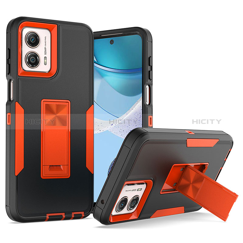 Silikon Hülle Handyhülle und Kunststoff Schutzhülle Hartschalen Tasche mit Magnetisch Fingerring Ständer J03S für Motorola Moto G 5G (2023) Orange Plus