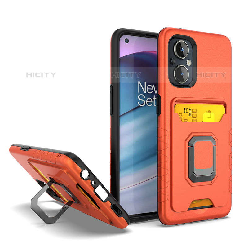 Silikon Hülle Handyhülle und Kunststoff Schutzhülle Hartschalen Tasche mit Magnetisch Fingerring Ständer J03S für OnePlus Nord N20 5G Orange Plus