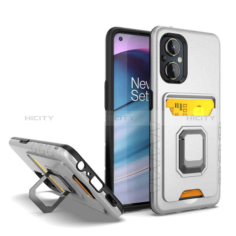 Silikon Hülle Handyhülle und Kunststoff Schutzhülle Hartschalen Tasche mit Magnetisch Fingerring Ständer J03S für Oppo A96 5G Silber