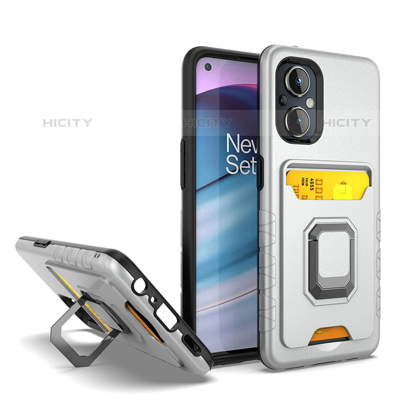 Silikon Hülle Handyhülle und Kunststoff Schutzhülle Hartschalen Tasche mit Magnetisch Fingerring Ständer J03S für Oppo F21 Pro 5G Silber Plus