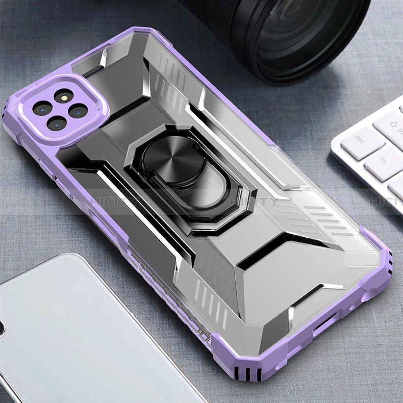 Silikon Hülle Handyhülle und Kunststoff Schutzhülle Hartschalen Tasche mit Magnetisch Fingerring Ständer J03S für Samsung Galaxy A22 5G Violett