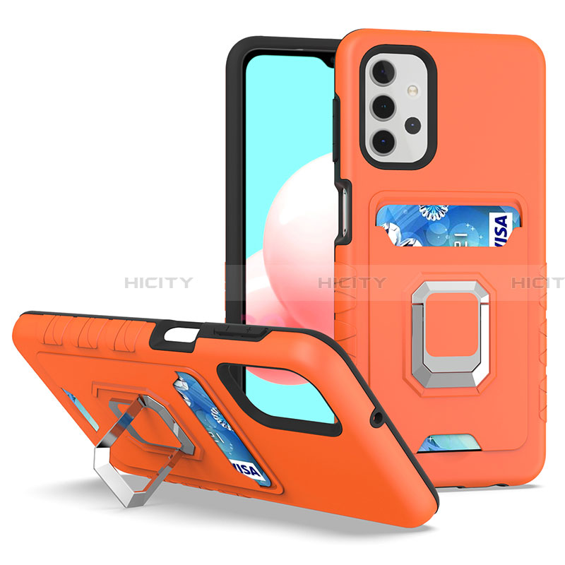 Silikon Hülle Handyhülle und Kunststoff Schutzhülle Hartschalen Tasche mit Magnetisch Fingerring Ständer J03S für Samsung Galaxy A32 4G Orange