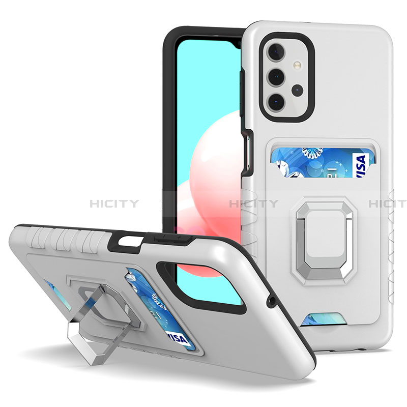 Silikon Hülle Handyhülle und Kunststoff Schutzhülle Hartschalen Tasche mit Magnetisch Fingerring Ständer J03S für Samsung Galaxy A32 4G Silber Plus