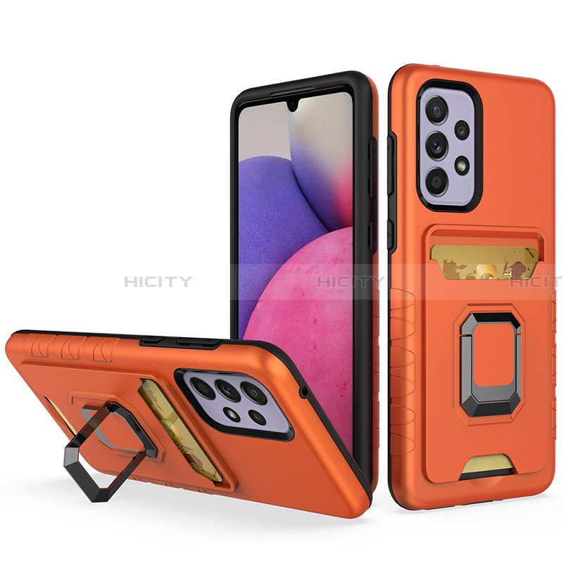 Silikon Hülle Handyhülle und Kunststoff Schutzhülle Hartschalen Tasche mit Magnetisch Fingerring Ständer J03S für Samsung Galaxy A33 5G Orange