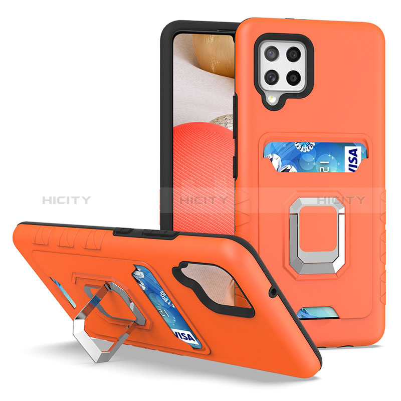 Silikon Hülle Handyhülle und Kunststoff Schutzhülle Hartschalen Tasche mit Magnetisch Fingerring Ständer J03S für Samsung Galaxy A42 5G Orange