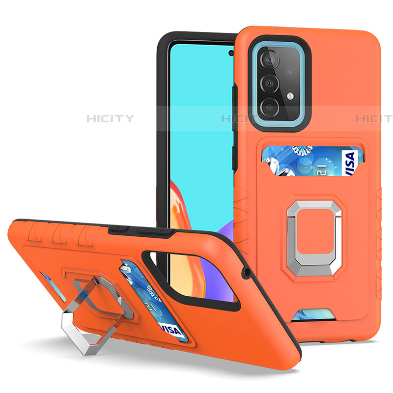 Silikon Hülle Handyhülle und Kunststoff Schutzhülle Hartschalen Tasche mit Magnetisch Fingerring Ständer J03S für Samsung Galaxy A52 4G Orange