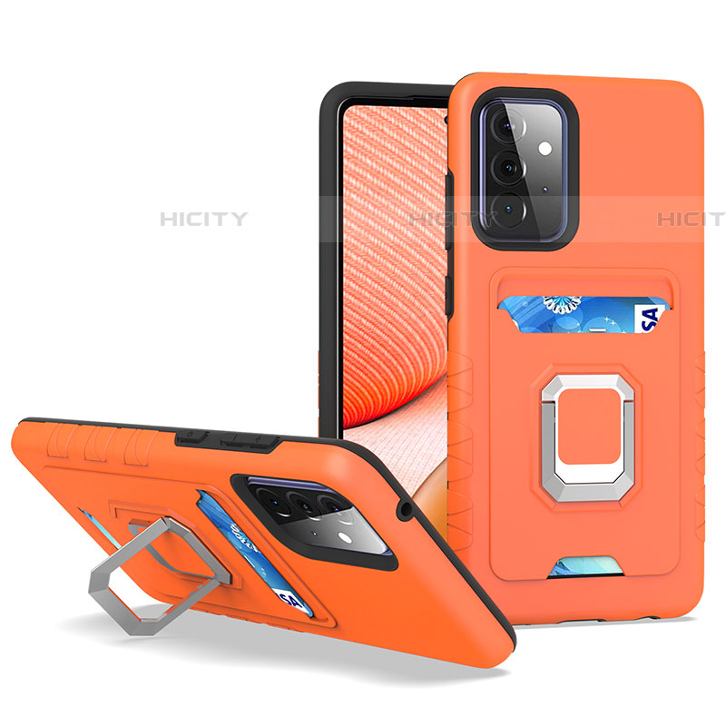 Silikon Hülle Handyhülle und Kunststoff Schutzhülle Hartschalen Tasche mit Magnetisch Fingerring Ständer J03S für Samsung Galaxy A72 4G Orange