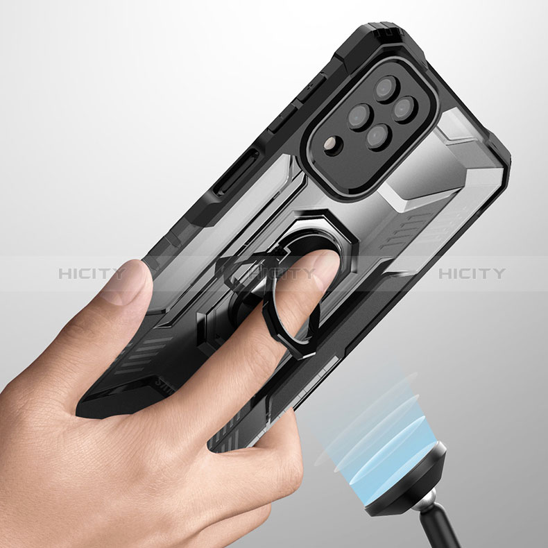 Silikon Hülle Handyhülle und Kunststoff Schutzhülle Hartschalen Tasche mit Magnetisch Fingerring Ständer J03S für Samsung Galaxy F12