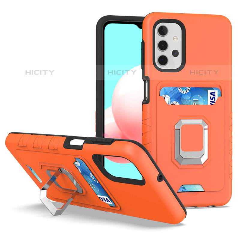 Silikon Hülle Handyhülle und Kunststoff Schutzhülle Hartschalen Tasche mit Magnetisch Fingerring Ständer J03S für Samsung Galaxy M32 5G Orange