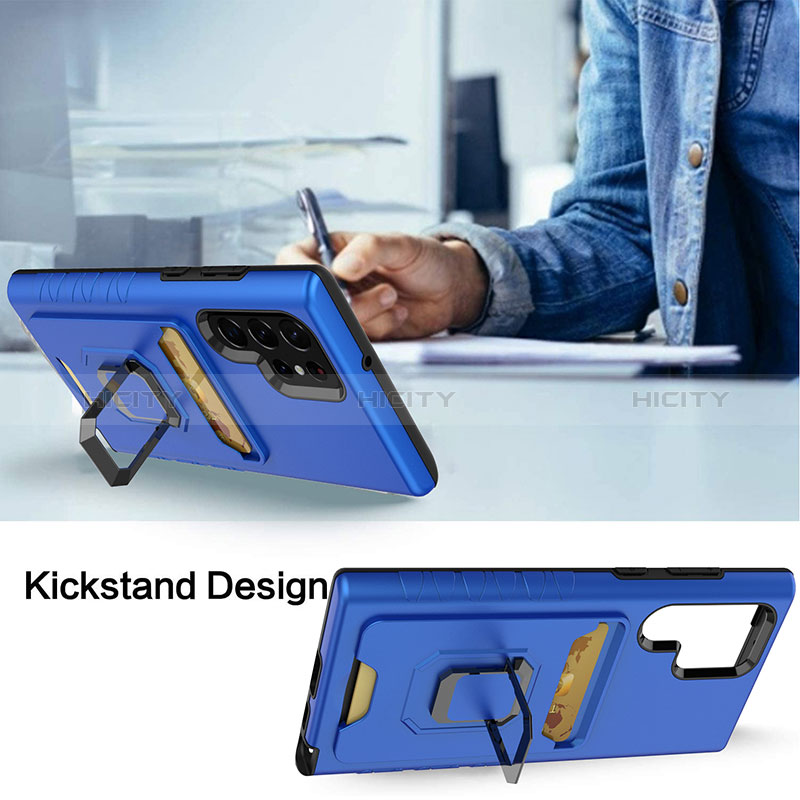 Silikon Hülle Handyhülle und Kunststoff Schutzhülle Hartschalen Tasche mit Magnetisch Fingerring Ständer J03S für Samsung Galaxy S23 Ultra 5G