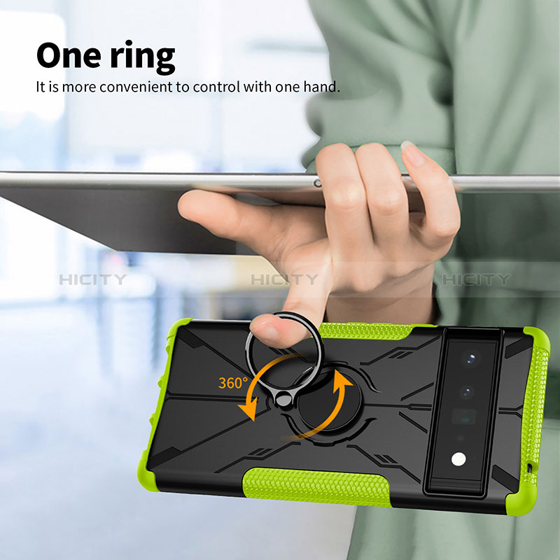 Silikon Hülle Handyhülle und Kunststoff Schutzhülle Hartschalen Tasche mit Magnetisch Fingerring Ständer JX1 für Google Pixel 6 Pro 5G groß