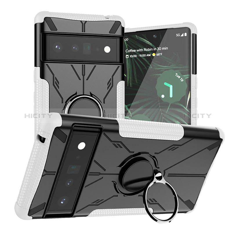 Silikon Hülle Handyhülle und Kunststoff Schutzhülle Hartschalen Tasche mit Magnetisch Fingerring Ständer JX1 für Google Pixel 6 Pro 5G groß