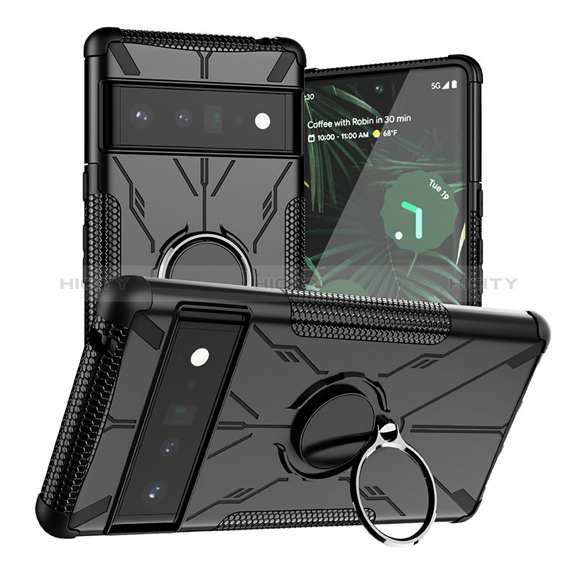 Silikon Hülle Handyhülle und Kunststoff Schutzhülle Hartschalen Tasche mit Magnetisch Fingerring Ständer JX1 für Google Pixel 6 Pro 5G Schwarz