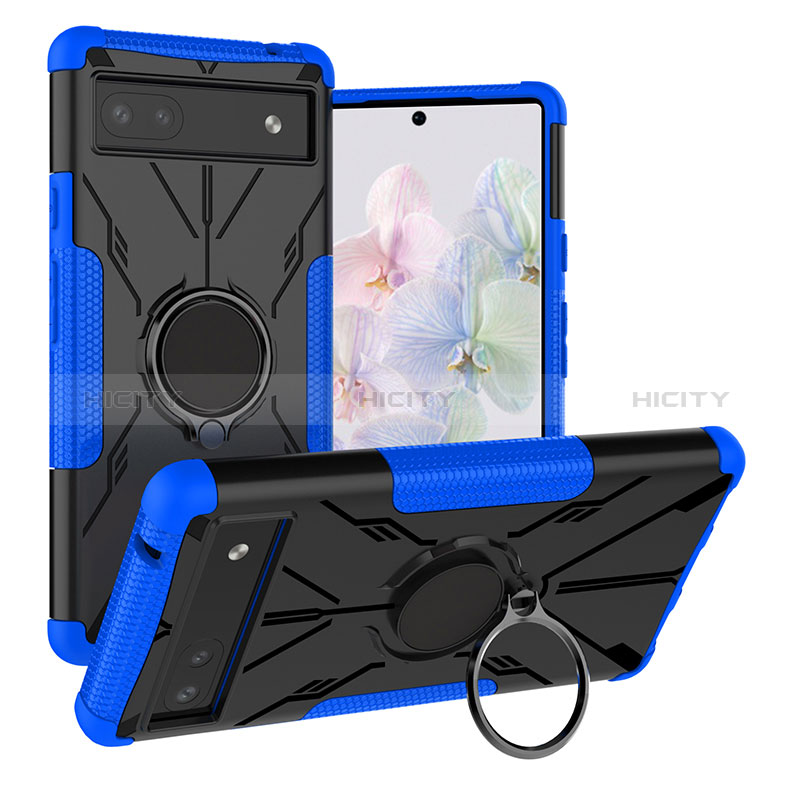 Silikon Hülle Handyhülle und Kunststoff Schutzhülle Hartschalen Tasche mit Magnetisch Fingerring Ständer JX1 für Google Pixel 6a 5G