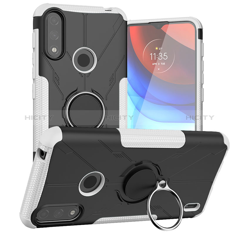 Silikon Hülle Handyhülle und Kunststoff Schutzhülle Hartschalen Tasche mit Magnetisch Fingerring Ständer JX1 für Motorola Moto E7 Power