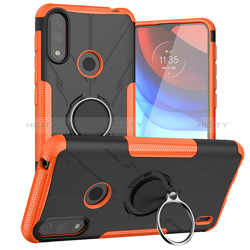 Silikon Hülle Handyhülle und Kunststoff Schutzhülle Hartschalen Tasche mit Magnetisch Fingerring Ständer JX1 für Motorola Moto E7 Power Orange Plus