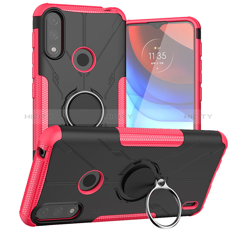 Silikon Hülle Handyhülle und Kunststoff Schutzhülle Hartschalen Tasche mit Magnetisch Fingerring Ständer JX1 für Motorola Moto E7 Power Pink Plus